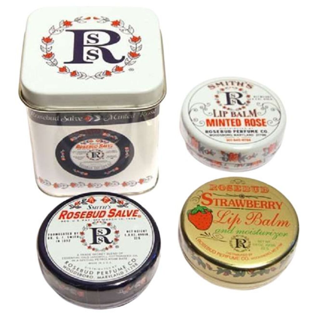 Rosebud Three Lavish Layers Lip Balm Set, Strawberry, Mint, Rosebud